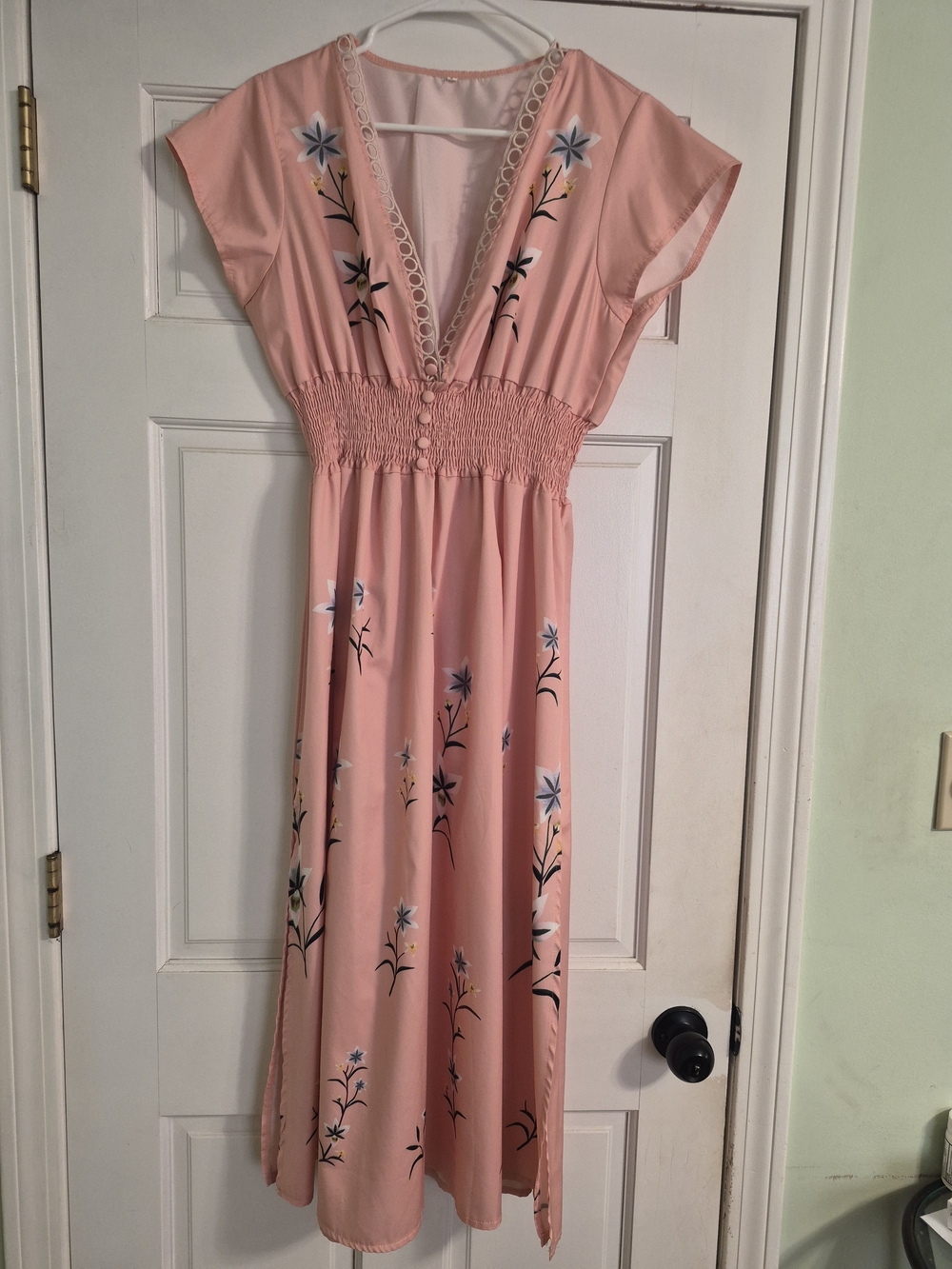 Pink Floral V‑Neck Smocked Waist Dress